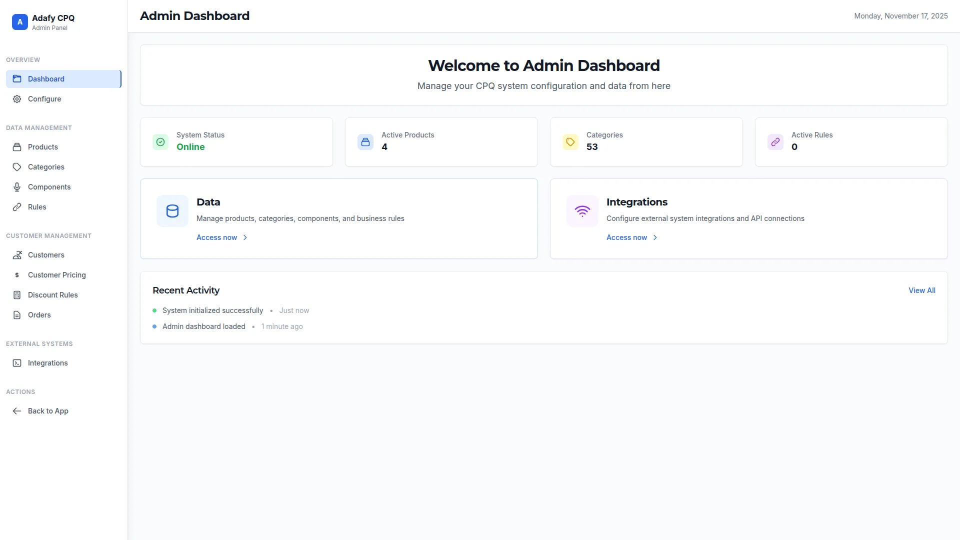 Adafy CPQ hallintapaneeli